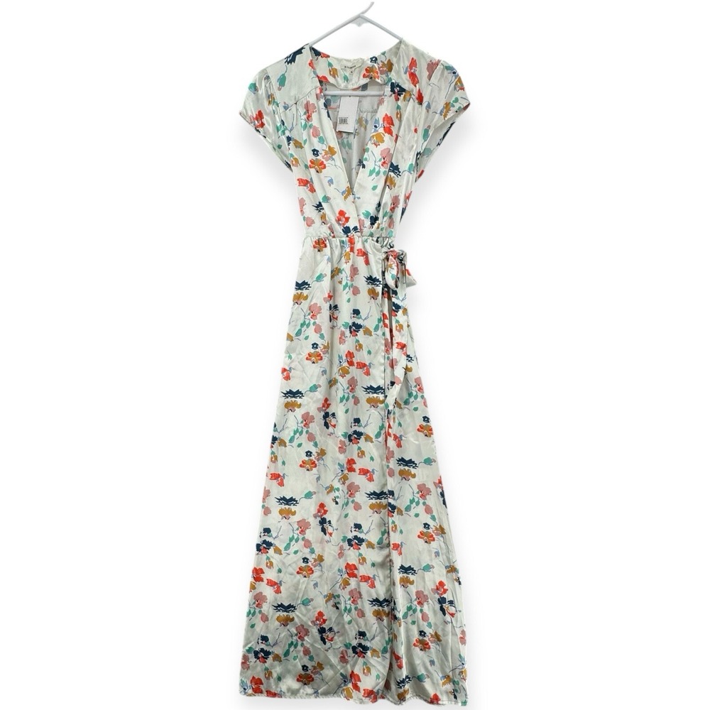 Tularosa Sid Wrap Dress Womens XS White Floral Satin Plunging Neck Tie‎ Maxi NWT